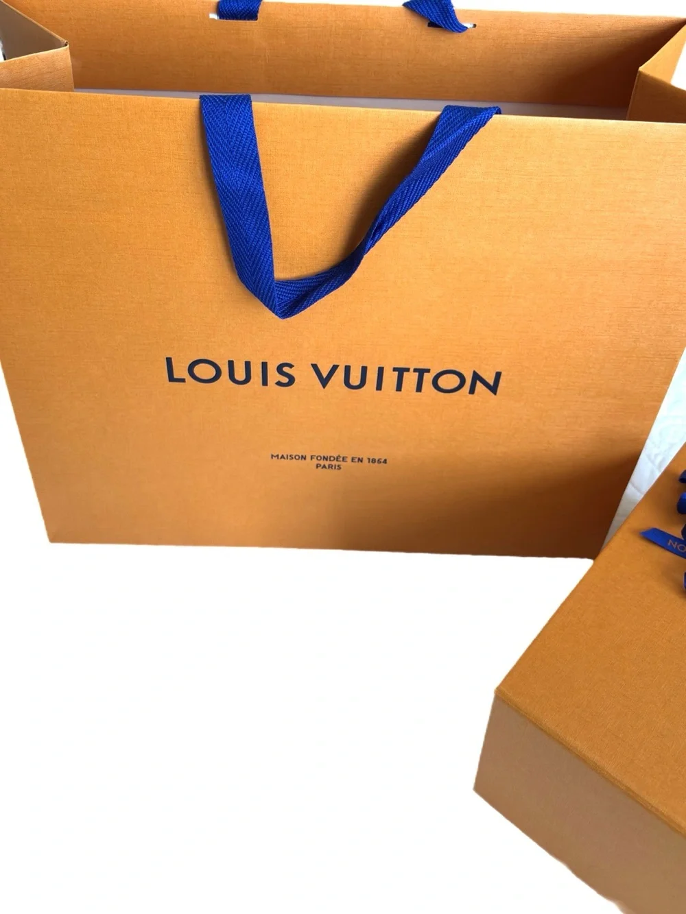 Louis Vuitton LV Orange Magnetic Gift Box and Shopping Bag w/Blue Ribbon Handles